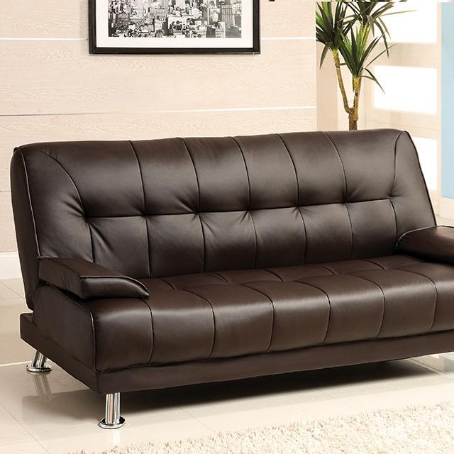 Beaumont Dark Brown/Chrome Leatherette Futon Sofa  Las Vegas Furniture Stores