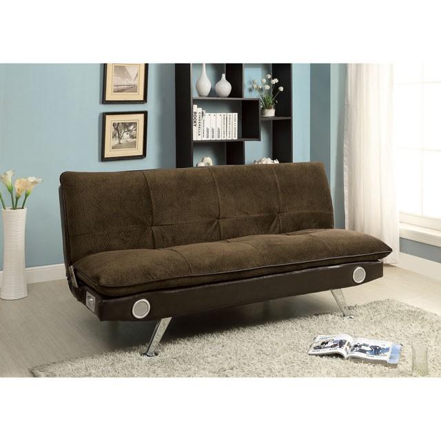 GALLAGHER Dark Brown/Chrome Futon Sofa w/ Bluetooth Speaker, Brown  Half Price Furniture