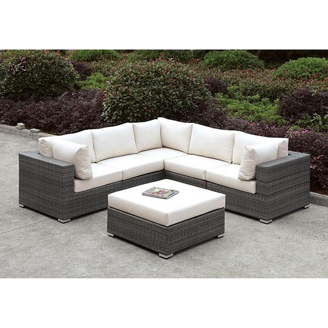 Somani Light Gray Wicker/Ivory Cushion L-Sectional + Ottoman  Half Price Furniture