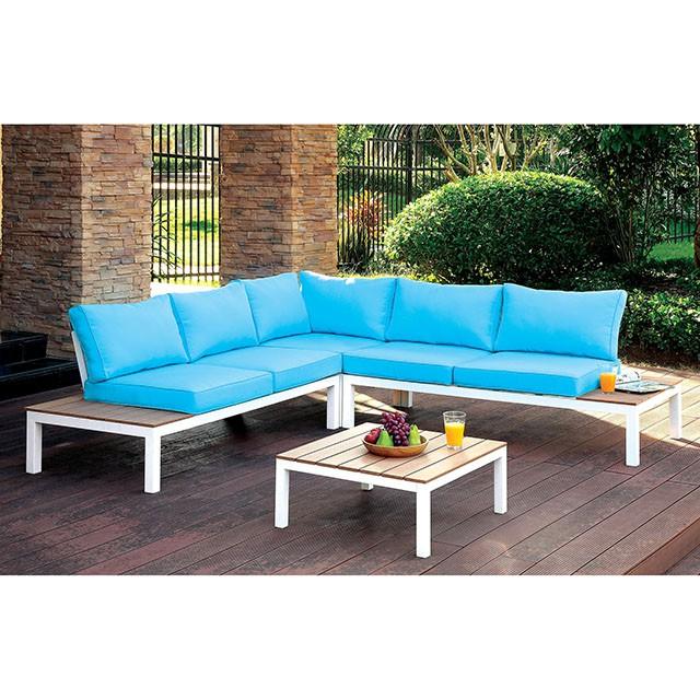 WINONA White/Oak/Blue Patio Sectional w/ Table  Half Price Furniture
