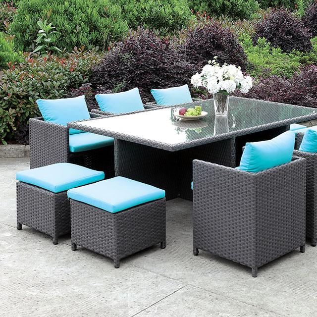 Ashanti Light Brown Wicker/Turquoise Cushion 11 Pc. Patio Dining Table Set  Half Price Furniture