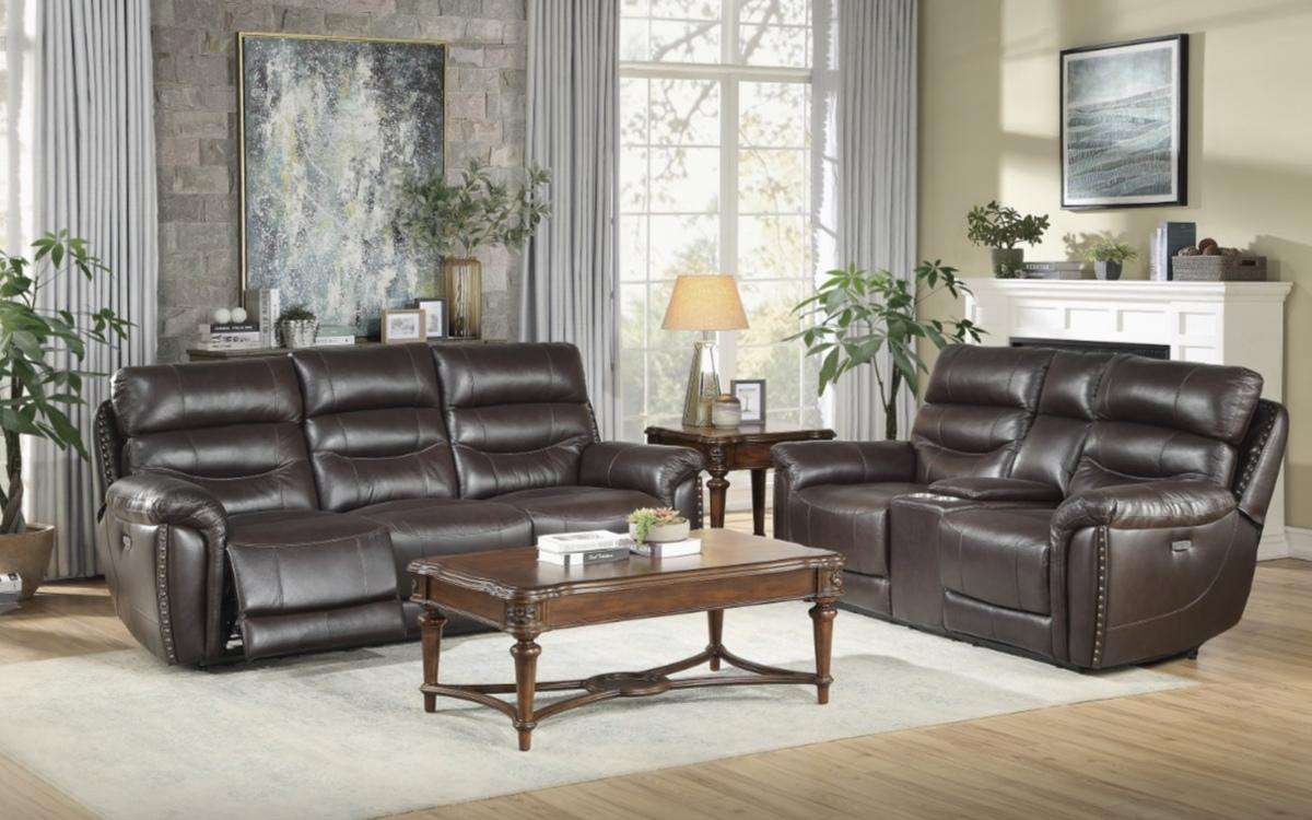 Homelegance Furniture Lance Power Double Reclining Sofa with Power Headrests in Brown 9527BRW-3PWH Half Price Furniture