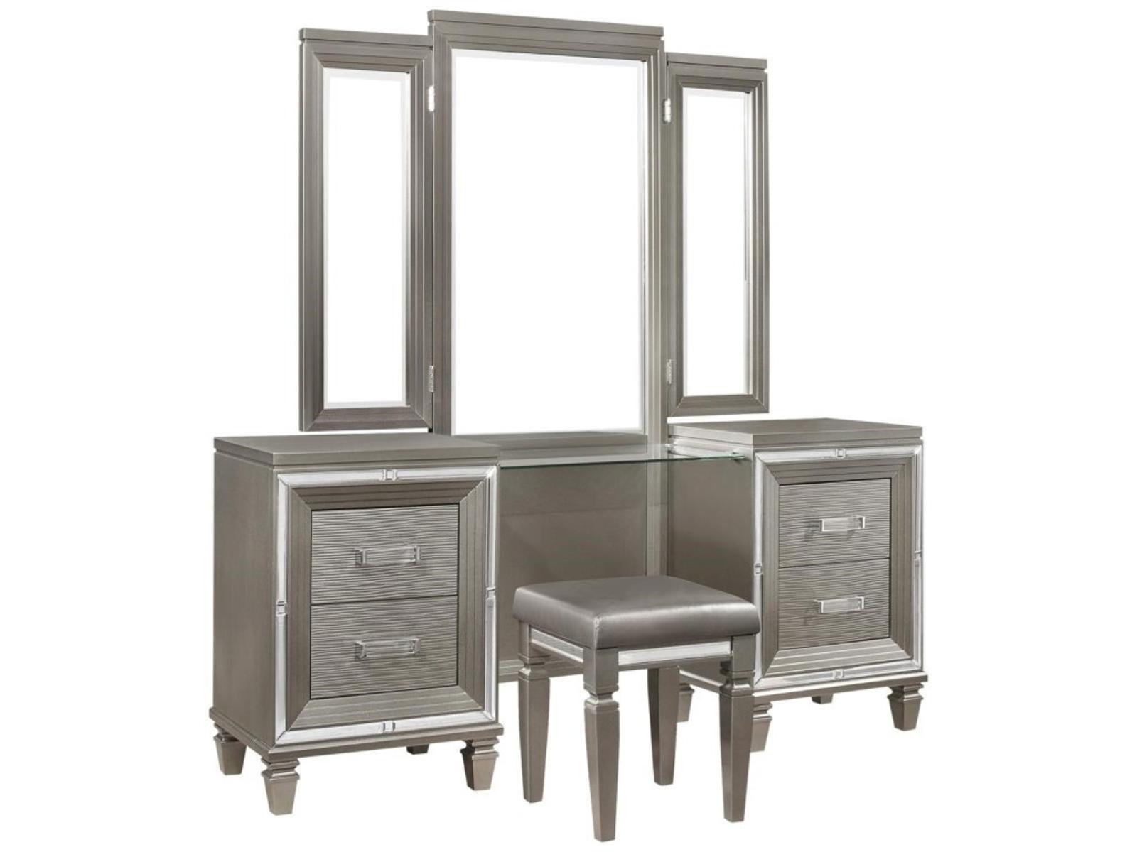 Tamsin Silver/Gray Metallic Vanity Set - Eve Furniture Vanity with Mirror Tamsin Silver/Gray Metallic Vanity Set - Eve Furniture Vanity with Mirror