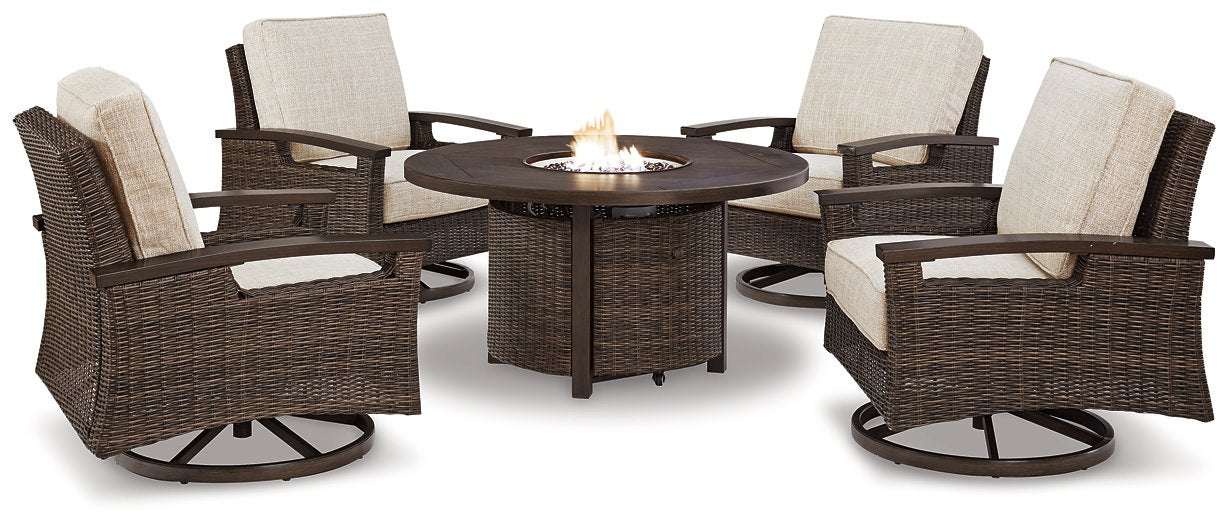 Paradise Trail Paradise Trail Fire Pit Table with 4 Nuvella Swivel Lounge Chairs Half Price Furniture