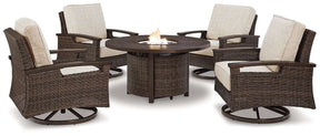 Paradise Trail Paradise Trail Fire Pit Table with 4 Nuvella Swivel Lounge Chairs Half Price Furniture