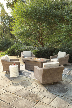 Beachcroft Beachcroft Fire Pit Table with Four Nuvella Swivel Lounge Chairs - Outdoor Seating Set - Half Price Furniture