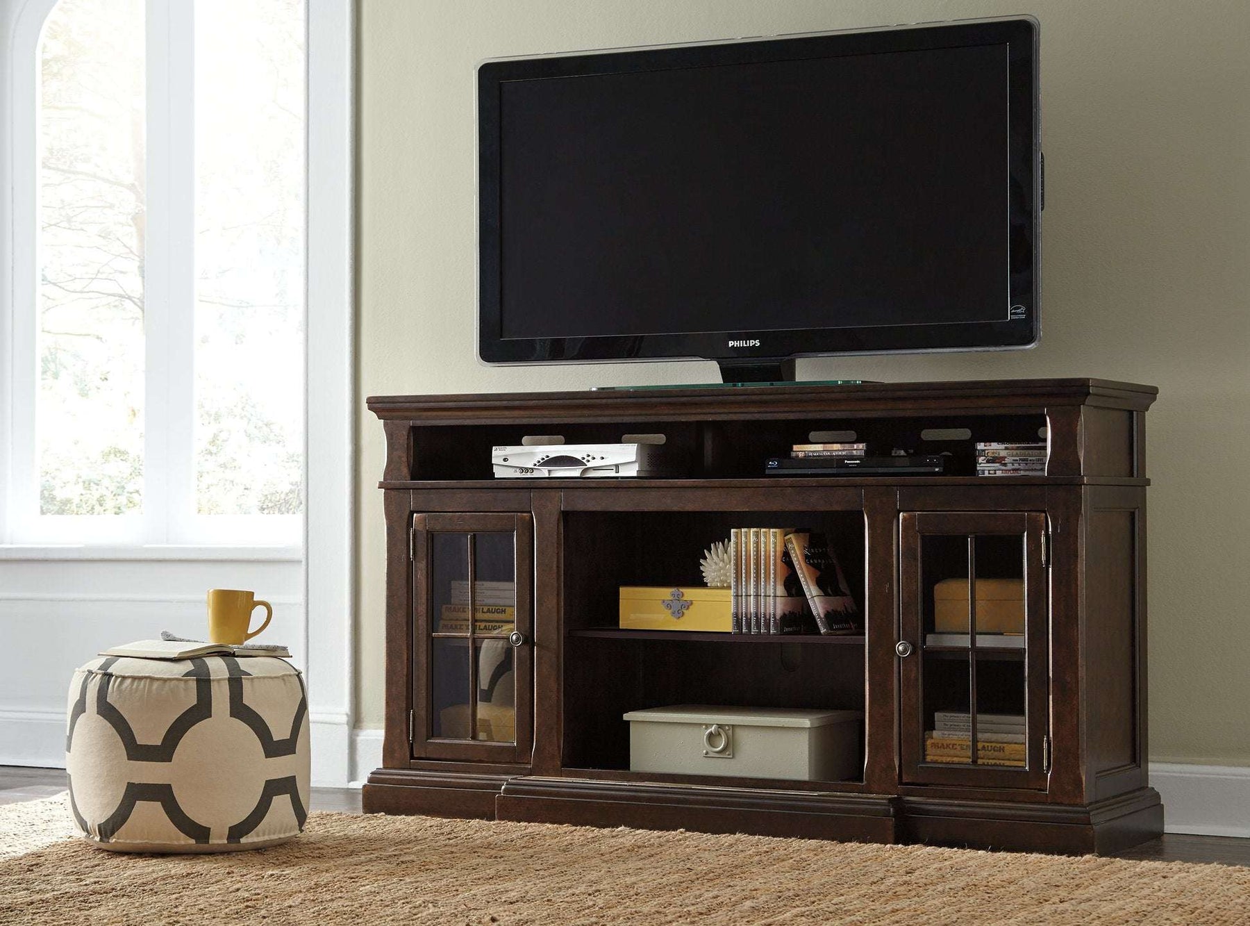 Roddinton 72" TV Stand with Electric Fireplace Half Price Furniture