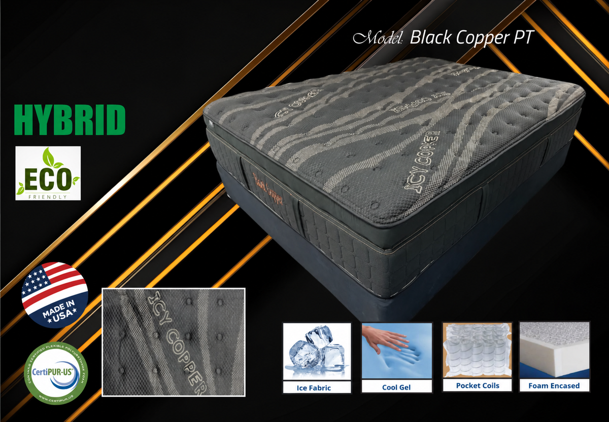Black Copper PT Hybrid Mattress features - Icy Copper ice fabric, cool gel, pocket coils, foam encased, made in USA
