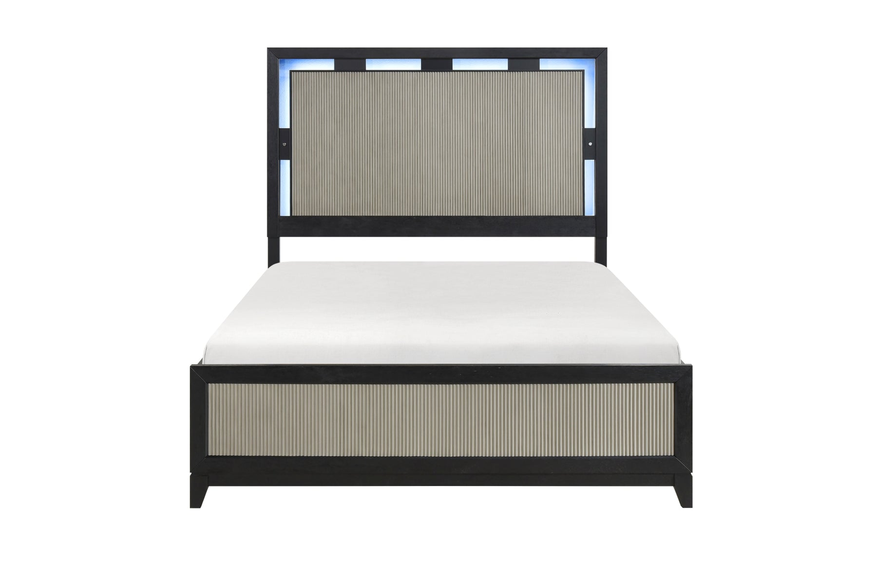 Charcoal and gray panel bed with LED headboard, front view
