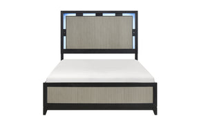 Charcoal and gray panel bed with LED headboard, front view