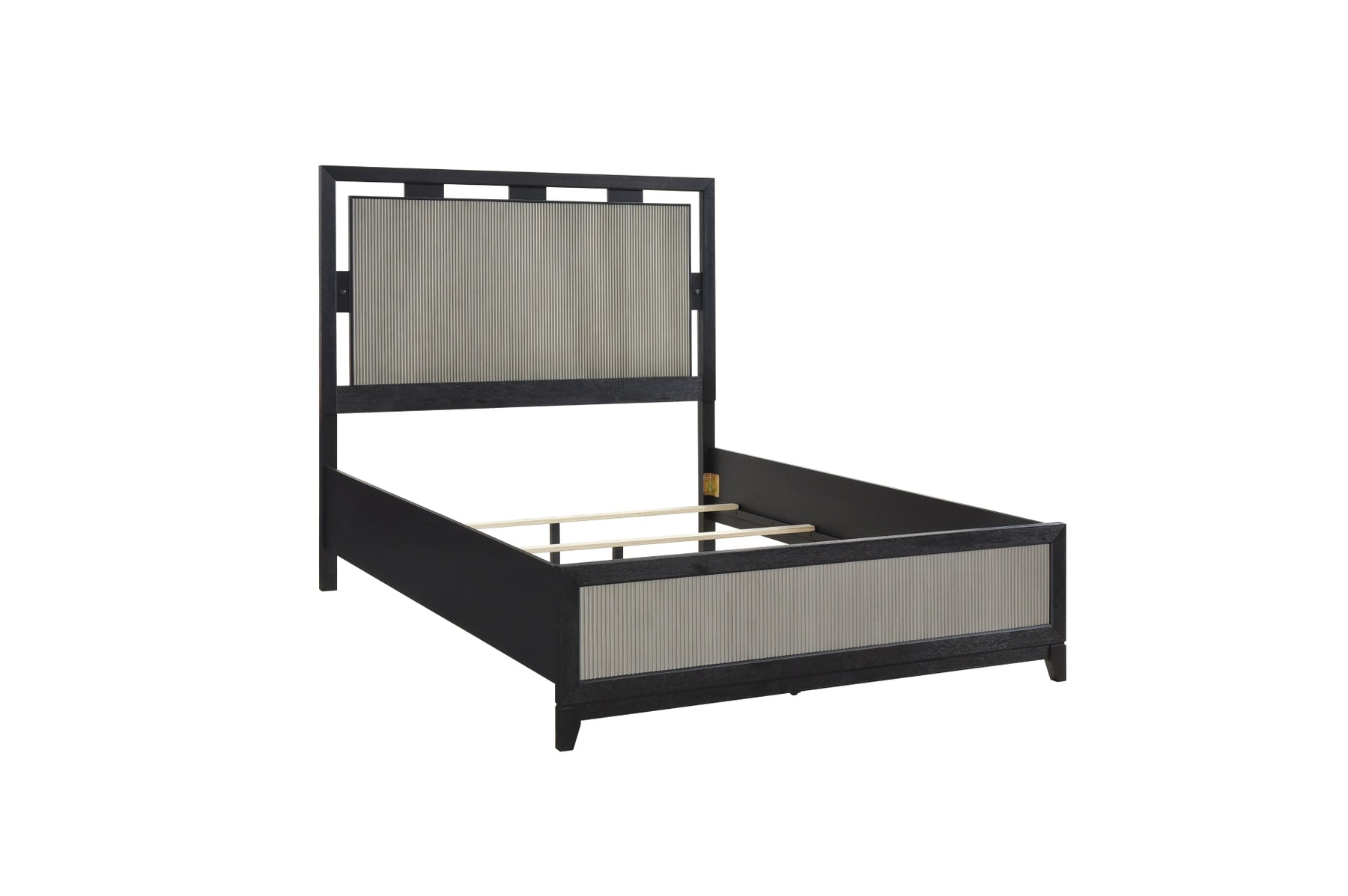 Charcoal and gray panel bed, side view