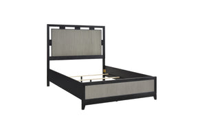 Charcoal and gray panel bed, side view