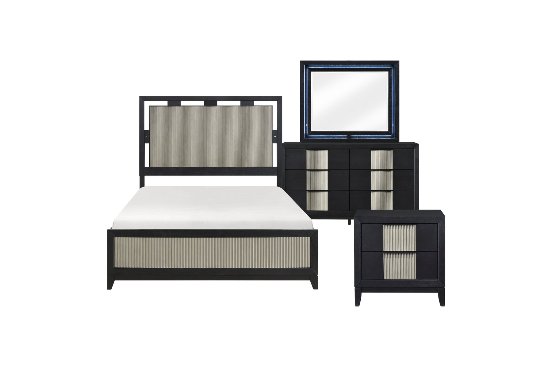 4 piece set: LED panel bed, nightstand, dresser and LED mirror