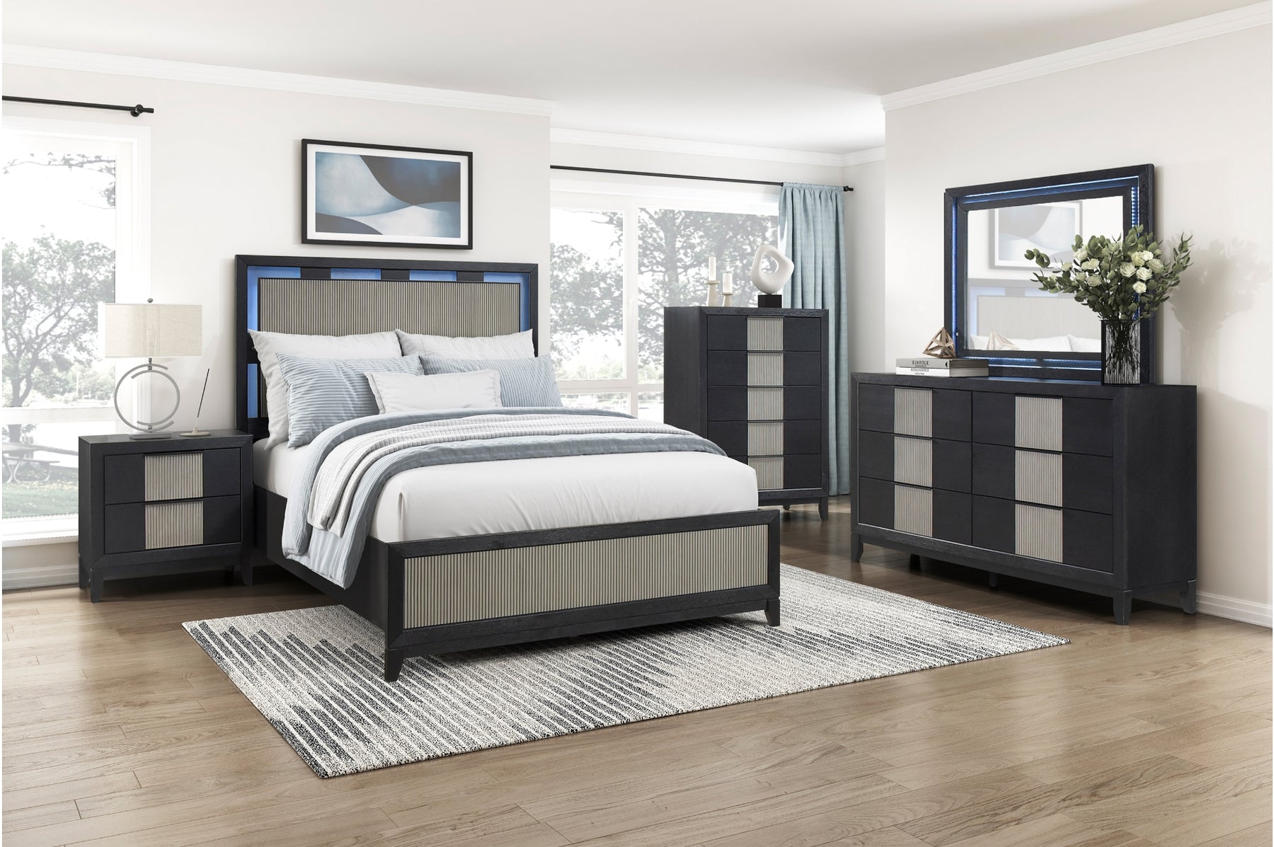 Charcoal and gray LED bedroom set styled in a bedroom