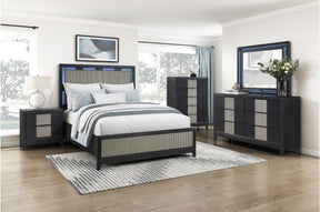 Charcoal and gray LED bedroom set styled in a bedroom