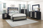 4 piece charcoal and gray bedroom set with LED headboard in a bright bedroom