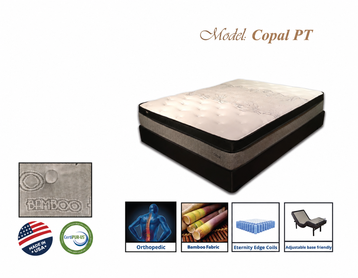 Copal PT Mattress features - orthopedic, bamboo fabric, eternity edge coils, adjustable base friendly, made in USA, CertiPUR-US