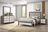 Corbin 4 piece gray and white bedroom set with V-pattern headboard, dresser, mirror and nightstand