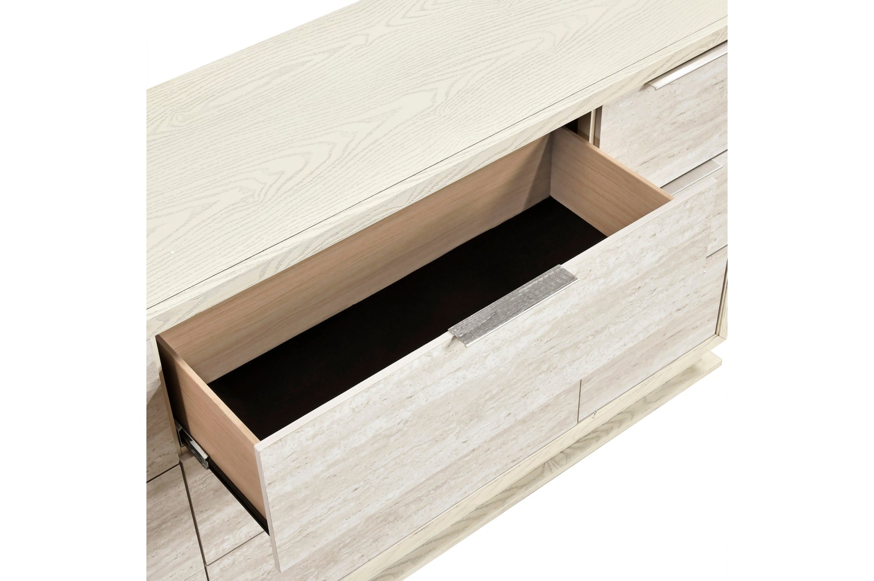 Dresser drawer and nickel-tone pull detail