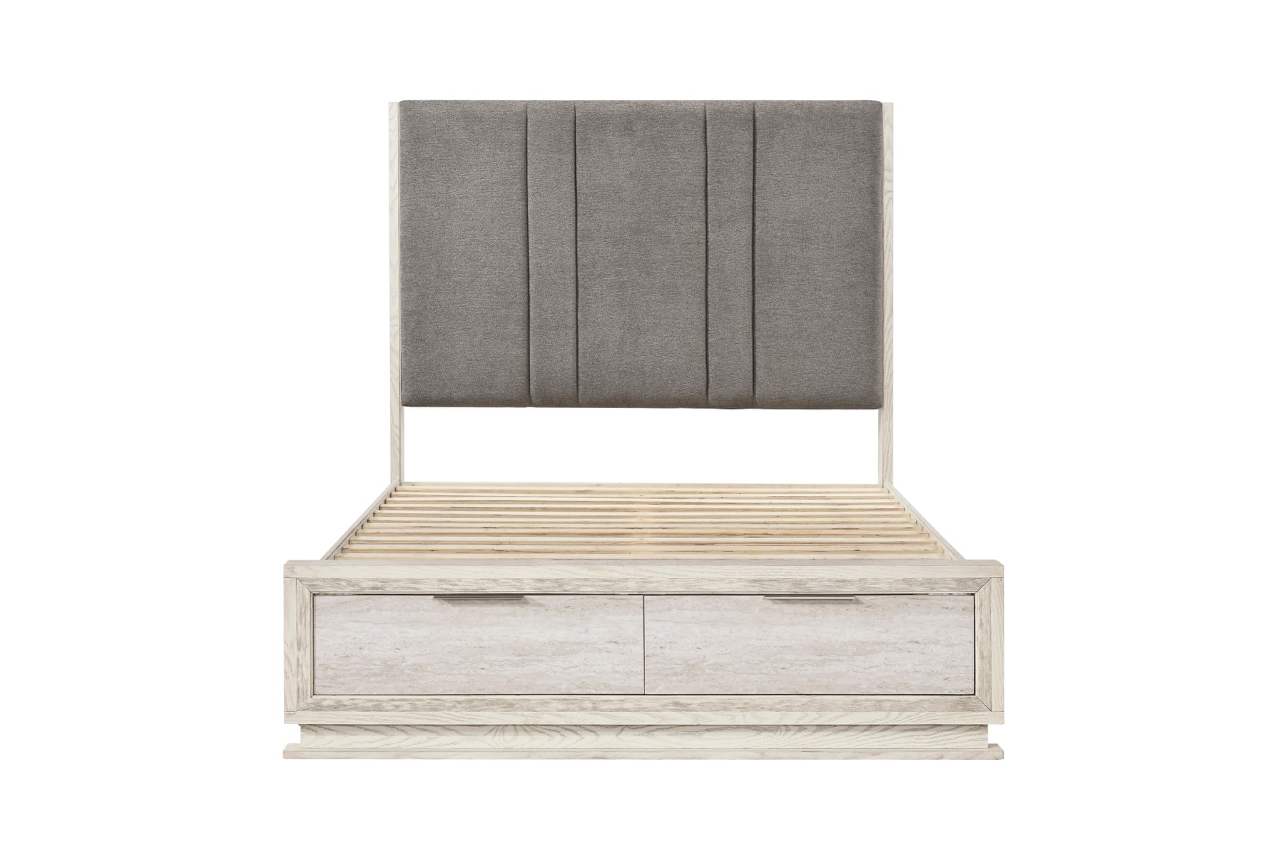 Platform bed with gray upholstered LED headboard, front view