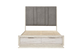 Platform bed with gray upholstered LED headboard, front view
