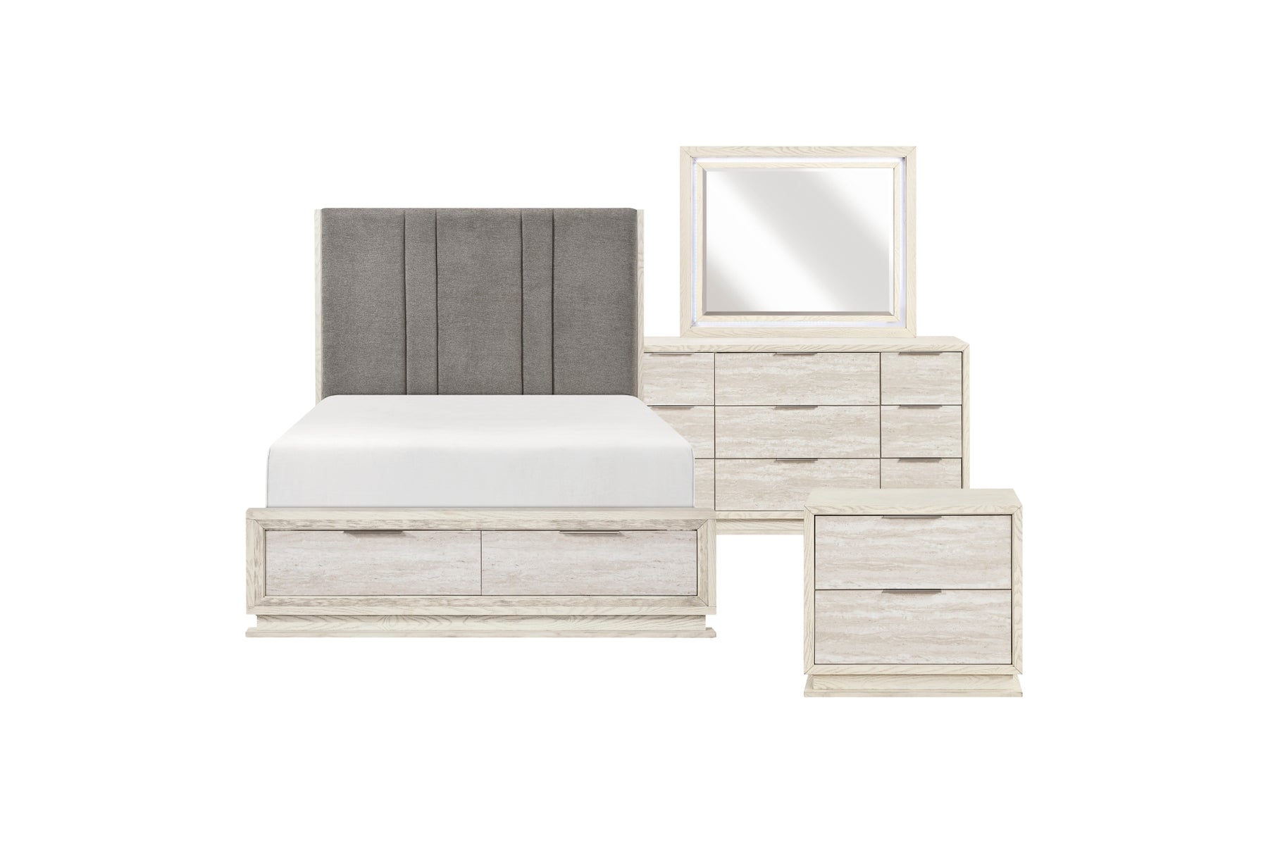 4 piece set: LED storage bed, nightstand, dresser and mirror