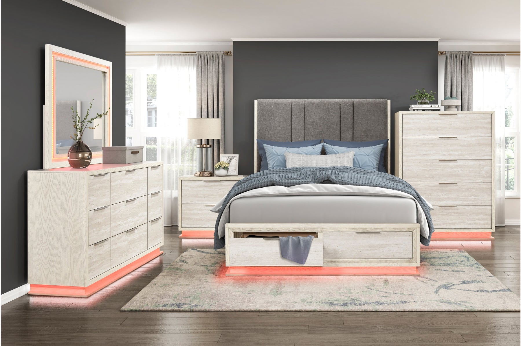 LED bedroom set shown with a different light color