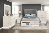 4 piece white and light gray bedroom set with LED upholstered headboard