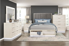 4 piece white and light gray bedroom set with LED upholstered headboard
