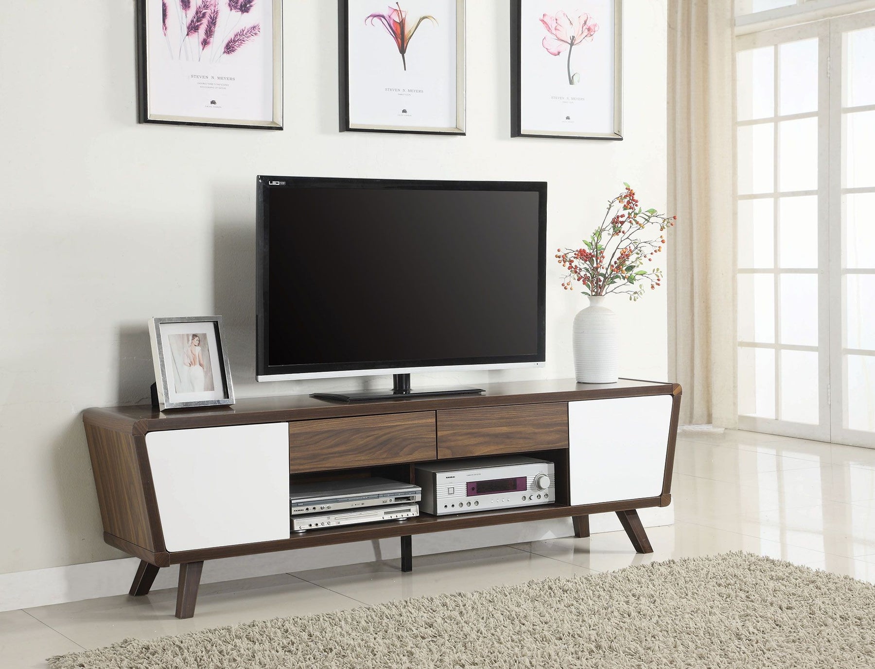 Glossy White and Chestnut TV Stand