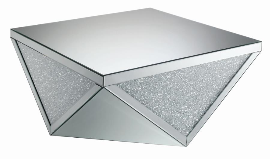 Square Coffee Table with Triangle Detailing Silver and Clear Mirror